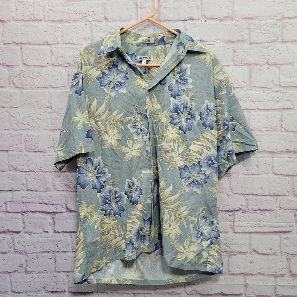 VTG Via Veneto Hawaiian Camp Shirt Mens L Blue Floral Aloha Summer Resortwear